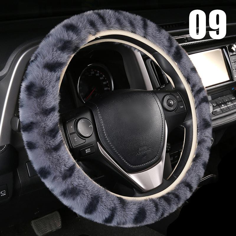 Luxury Leopard Winter Car Steering Wheel Cover Fur Imitation Rabbit Hair Soft Plush Gear Handbrake Case Car Interior