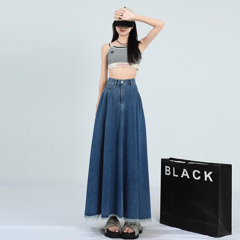Hong Kong Retro Literary Denim Midi Skirt: Women's 2025 High-Waist A-Line Umbrella Design for Spring/Summer