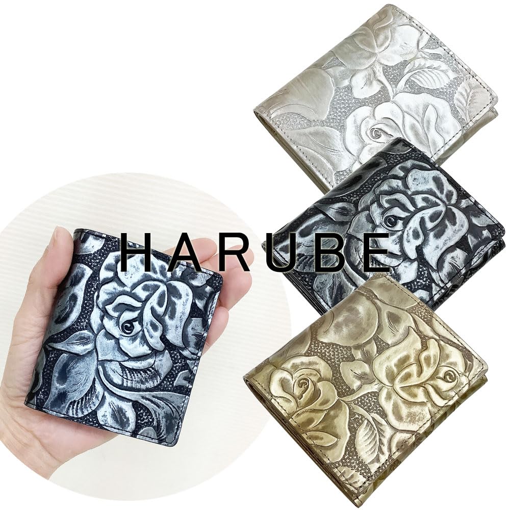 HARUBE Kyoto Naniwaya Compact Slim Folding Wallet, Cowhide Leather with Rose Embossed Design, Functional, Women's #83-349 [Metallic Rose] (Beige)
