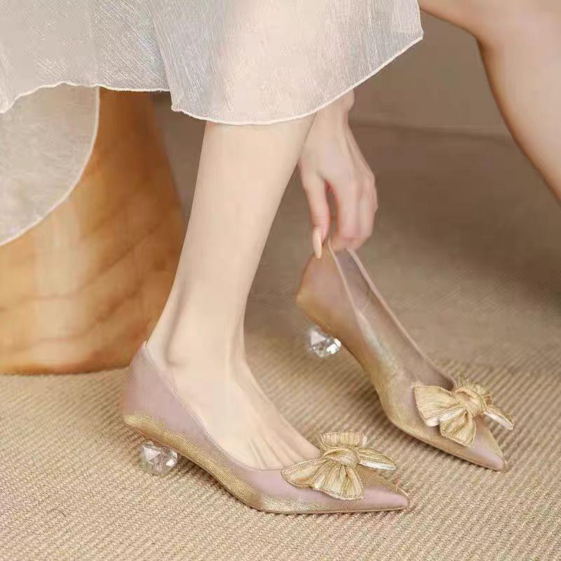 Fashion French-style skirt design, niche elegance, socialite high heels, bow, soft sole, comfortable and versatile single shoes