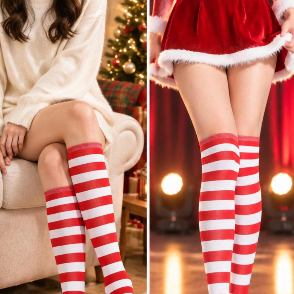 Red and White Striped Knee-High Socks Stretchy for Themed Events, Winter Outfits