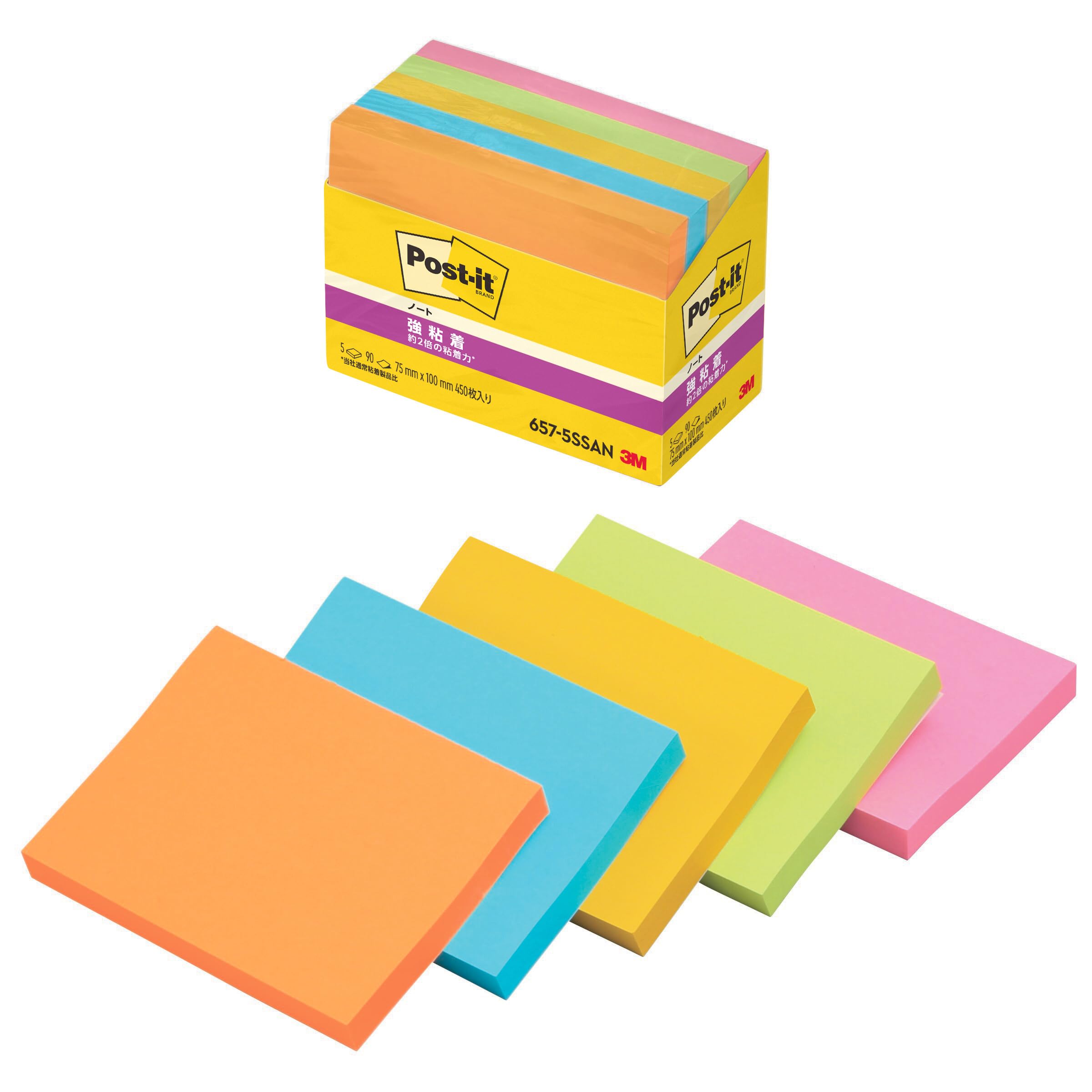 3M Sticky Super Strong Neon 75 x 90 sheets x 5 Post-it Notes, Adhesive, Large, Colors, 100mm, pads, 657-5SSAN