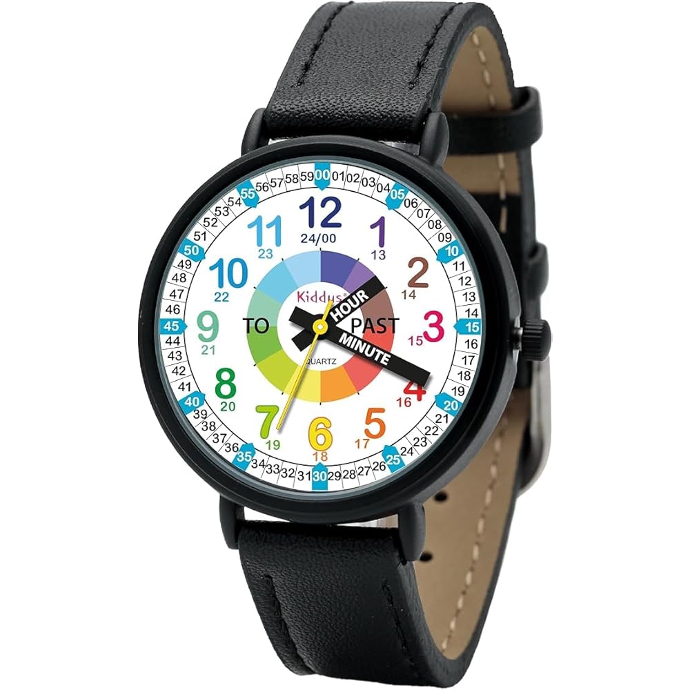 Kid's Kidas Analog Watch for Boys and Girls Ages 4-6 Black Leather Strap Educational Timepiece