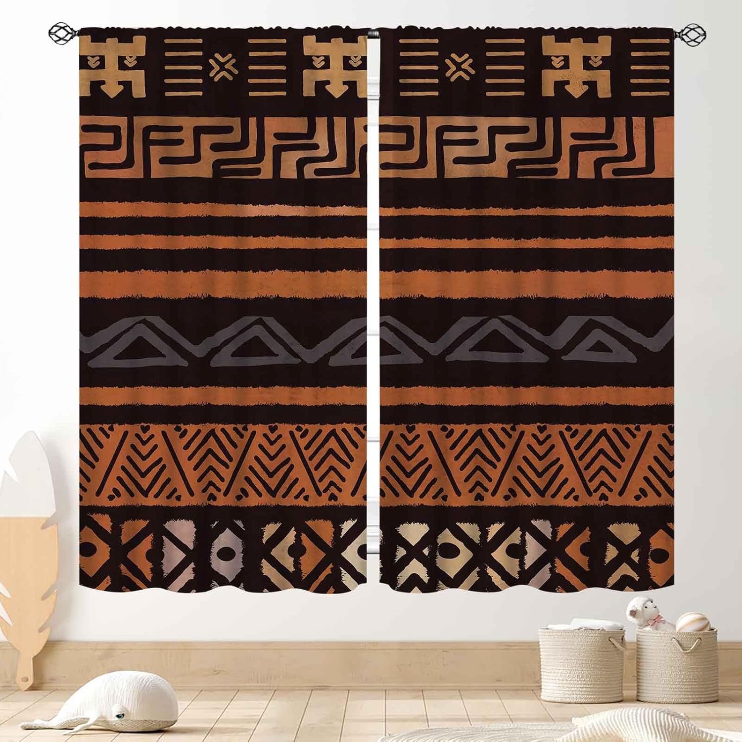Egyptian Curta, Vintage Ancient Egypt Hieroglyphics Pharaoh Eye Of Horus Retro Aesthetic Black Gold Window Drapery Treatments 53x116CM-2PC