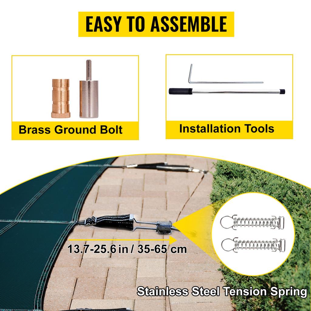 SucceBuy Inground Pool Safety Cover Rectangular PP Swimming Cover with Right Step Strength Mesh Rain Permeability for Garden