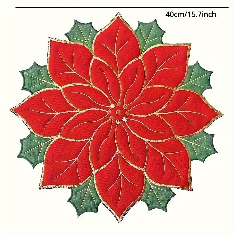 4pcs Christmas Embroidered Table Flag Tablecloth Desk Runner Round Plate Cover Plate Cloth Placemat Christmas Dining Table Decor