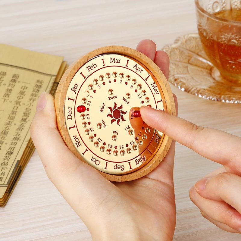 Adjustable Wooden Sundial Perpetual Calendar, Desktop Ornament and Timer for Home or Office Decor