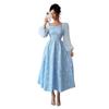 New Ruffles Lace Dress Blue Chiffon High Waist Square Neck Dress for Women