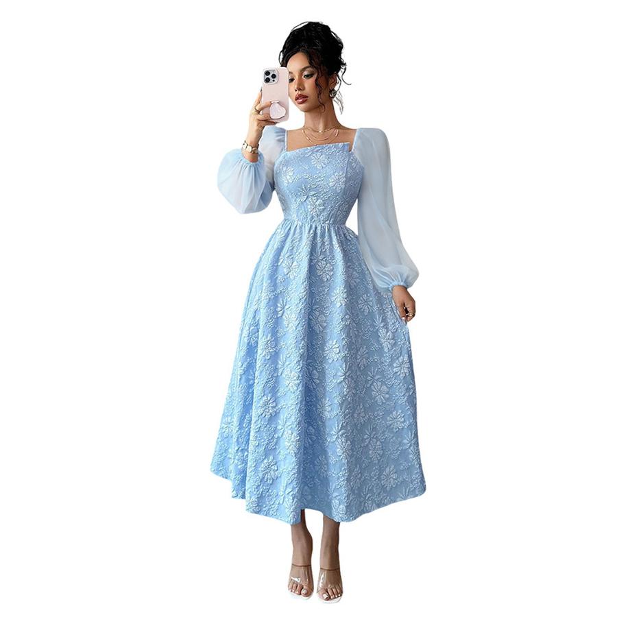 New Ruffles Lace Dress Blue Chiffon High Waist Square Neck Dress for Women