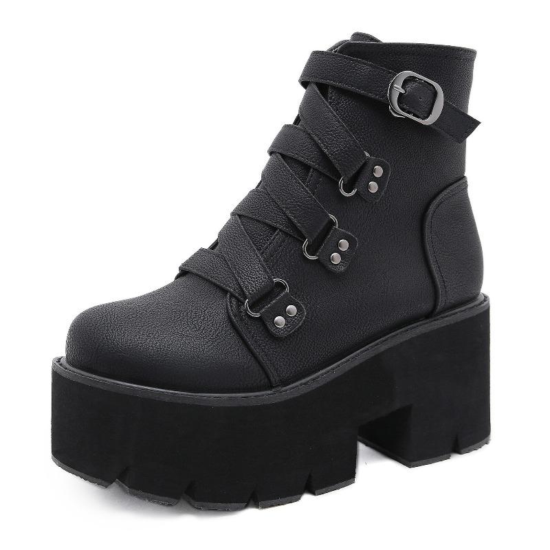 Fashion Cross Tied Design Ankle Boots Women Novelty Chunky High Heel Platform Boot Winter Non-slip Waterproof Warm Biker Botines 35