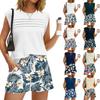 Women's Casual Fashion Crewneck Pleated Hawaiian Print Shorts Set