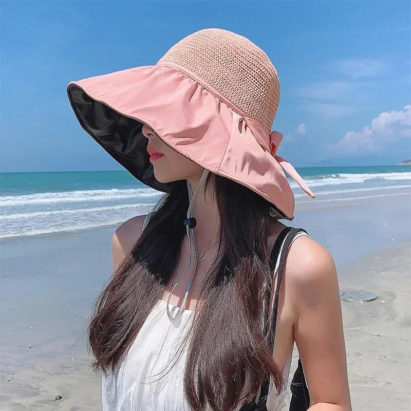 Summer Sun Hat Women's Straw Woven Anti Ultraviolet Sun Visor Hat with Big Brim Seaside Black Glue Breathable Bucket Hat Sun Hat