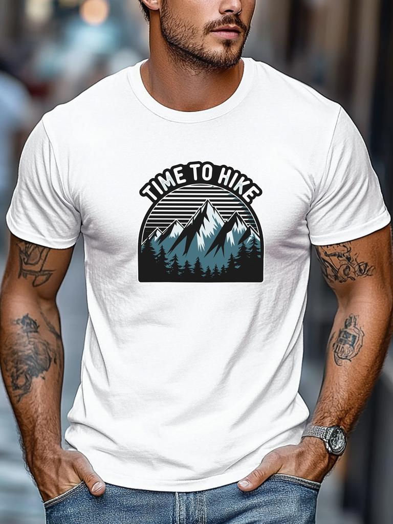Mens Hiking TShirt Time To Hike Mountain Print Short Sleeve Round Neck Breathable Oversized Daily Wear TShirt