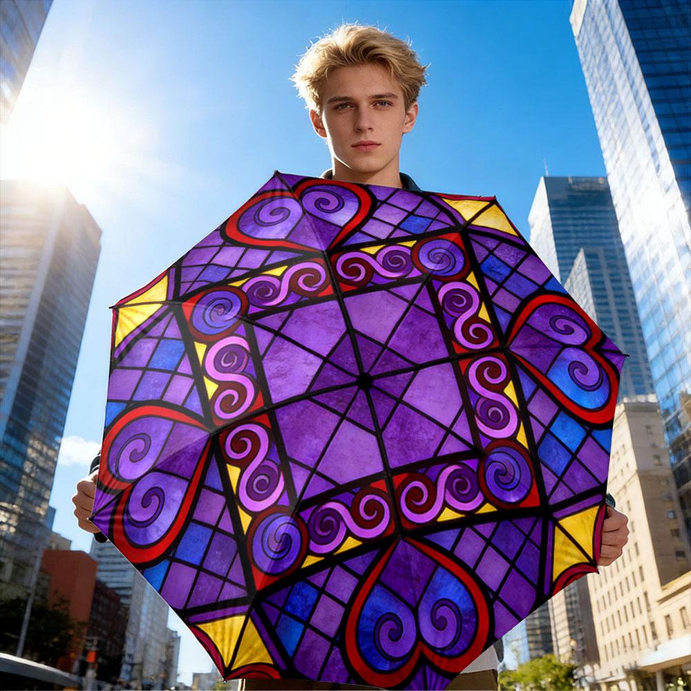 Modern Round Purple Stained Glass Hearts Purple Vintage-Style Stained Print Umbrella