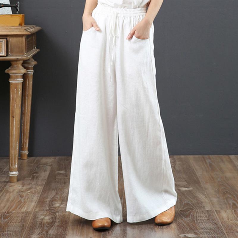 Women's High-Waisted Cotton & Linen Wide-Leg Pants - Plus Size, Loose, Casual Nine-Point Length