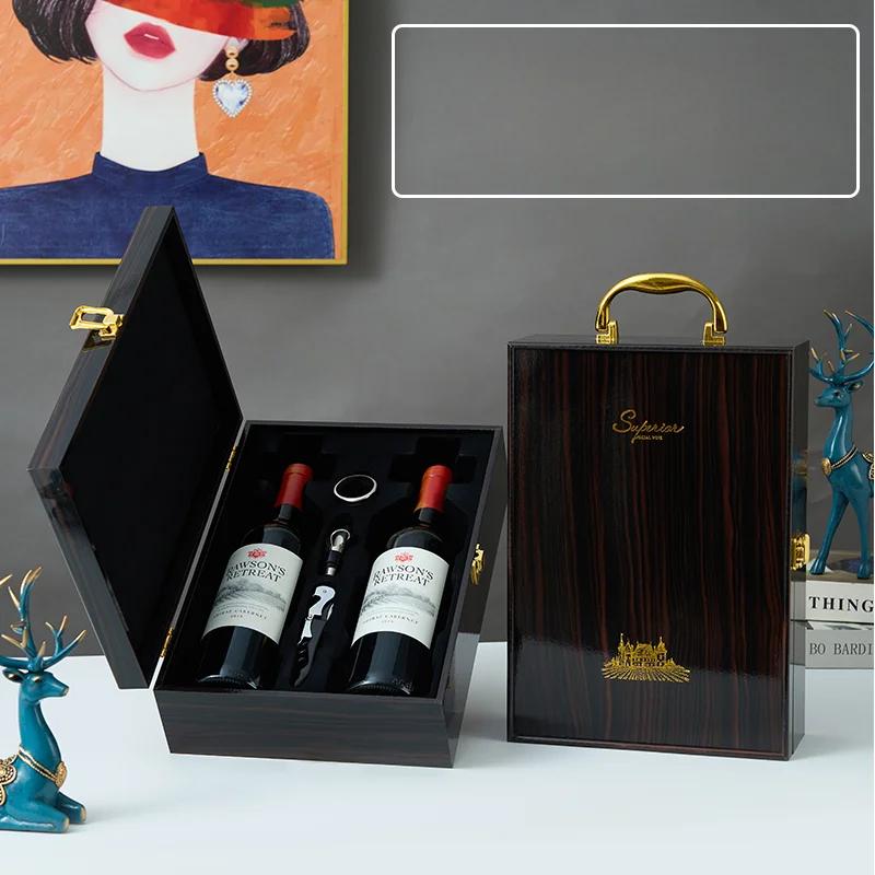Single/Double Leather Box Wine Bottle Box Luxury Handle Wooden Organizer Gift Wood Wine Holder for 2 Red Wine Packaging