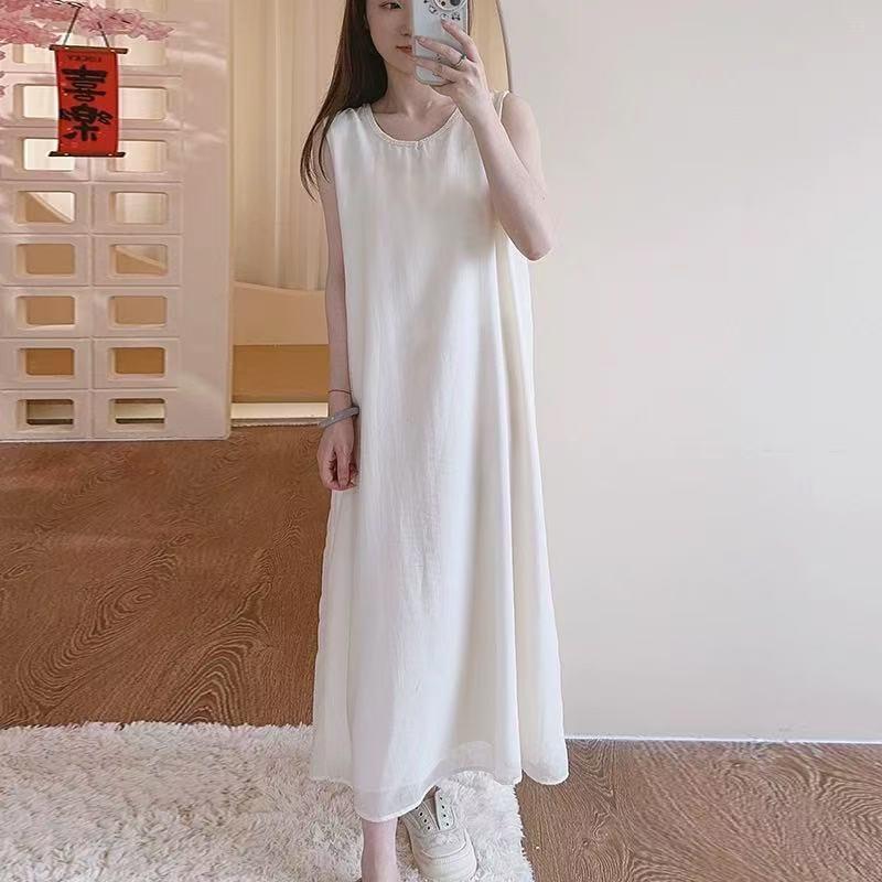 

Весна и лето 2025 новая простая и универсальная футболка из тенсела, двухслойная юбка-жилет, женская повседневная верхняя одежда, однотонное платье M белый