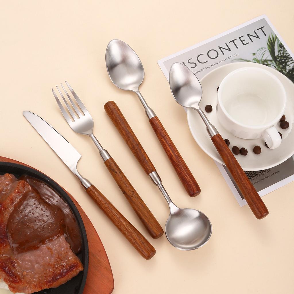 Solid wood handle western knife, fork and spoon set 304 stainless steel Japanese fork and spoon dessert spoon imitation rosewood tableware