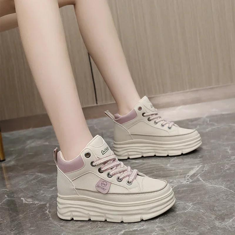 Women Sneakers Thick Sole Increase Walking Shoes for Women Leather High Top Boots White Vulcanized Shoes