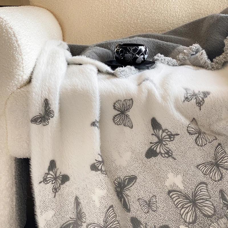 High-quality Autumn Winter Warm Blankets for Sofa Butterfly Jacquard Imitation Mink Fur Warmth Blanket High-end Shawl Blanket