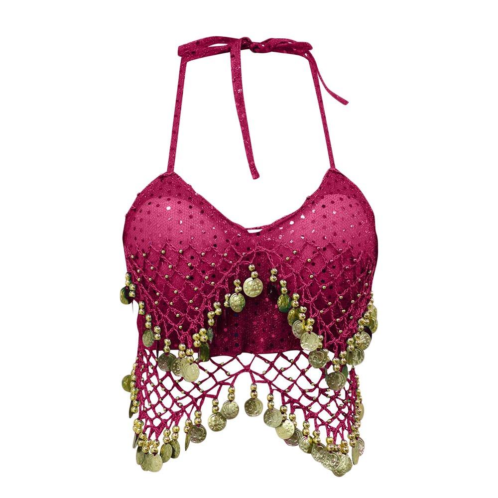 

Tassel Belly Dance Bra Shiny Sequins Crop Top Charming Stage Performance Top Nightclub рожевий червоний колір