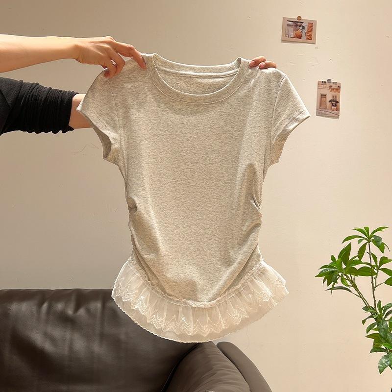 Special Xiaohongshu cotton elastane white lace splicing front shoulder short sleeve t-shirt women