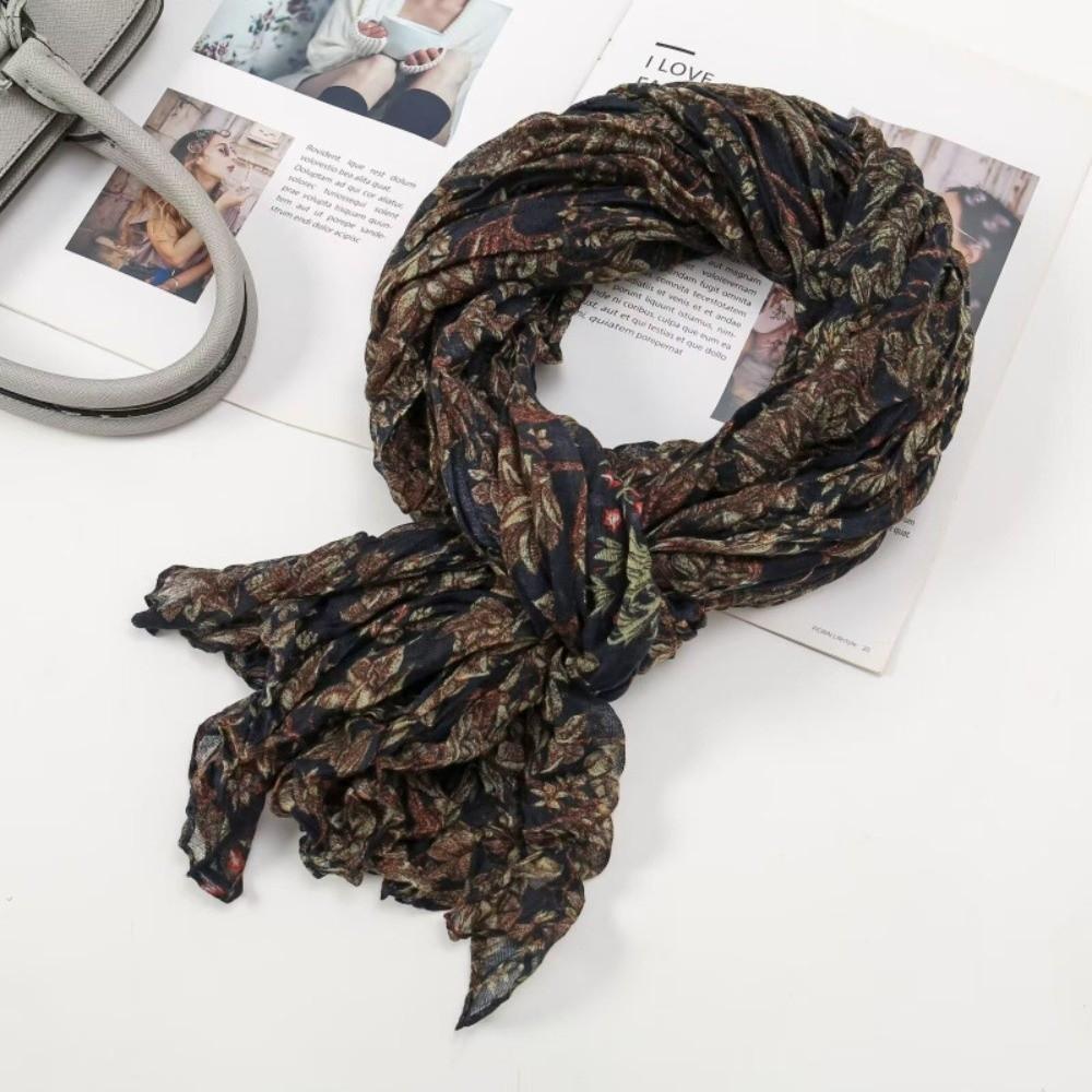 Floral Cotton Linen Scarf Vintage Long Shawl Wrap Fashion Pleated Printed Scarf  For Autumn Winter