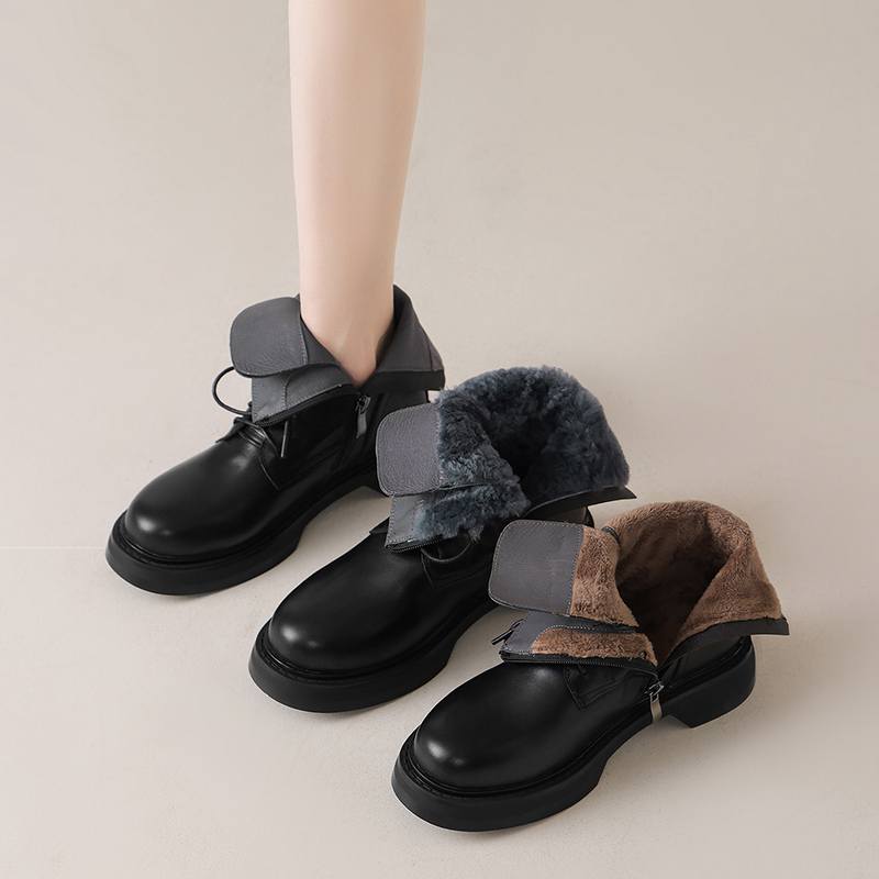 Krazing Pot Cow Skin Natural Fur Autumn Winter Shoes Thick Heels Western Boots Round Toe Keep Warm Lace Up Ankle Boots