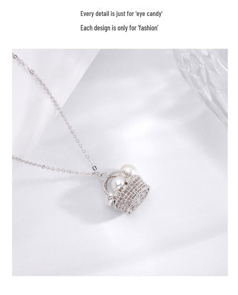 S925 Sterling Silver Woven Pearl Basket Necklace - Women's French Retro Luxury Clavicle Chain