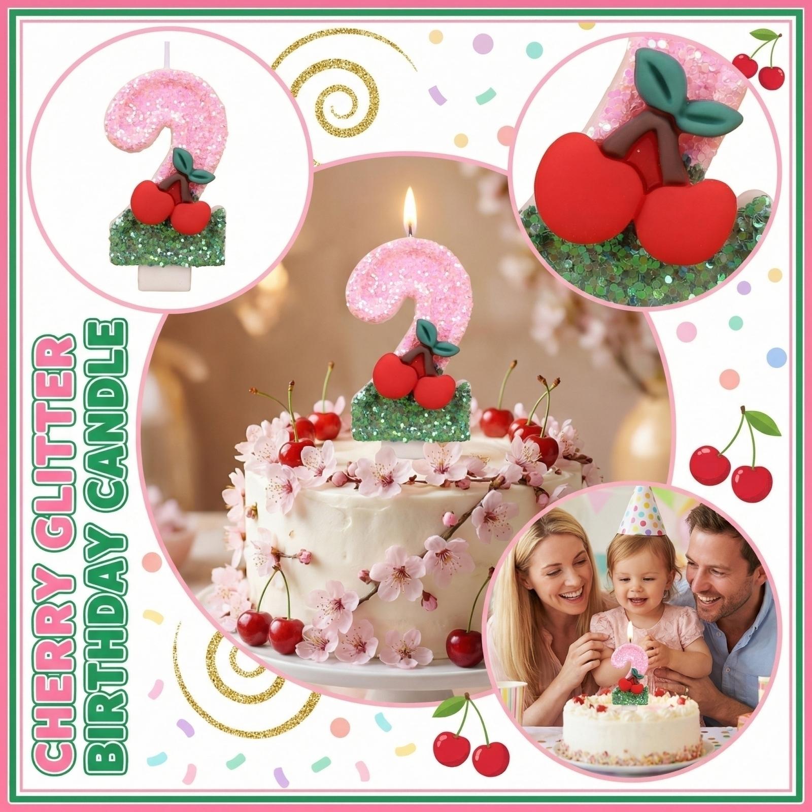 Creative Number One Birthday Candle with Glitter and Cherry Design for Party Decoration Suitable for Cake Toppers and Celebrations