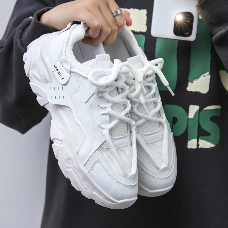 New Summer Men's Shoes Breathable Mesh Sports Sneakers Trendy Versatile Thick Base White Casual Shoes For Elderly Men