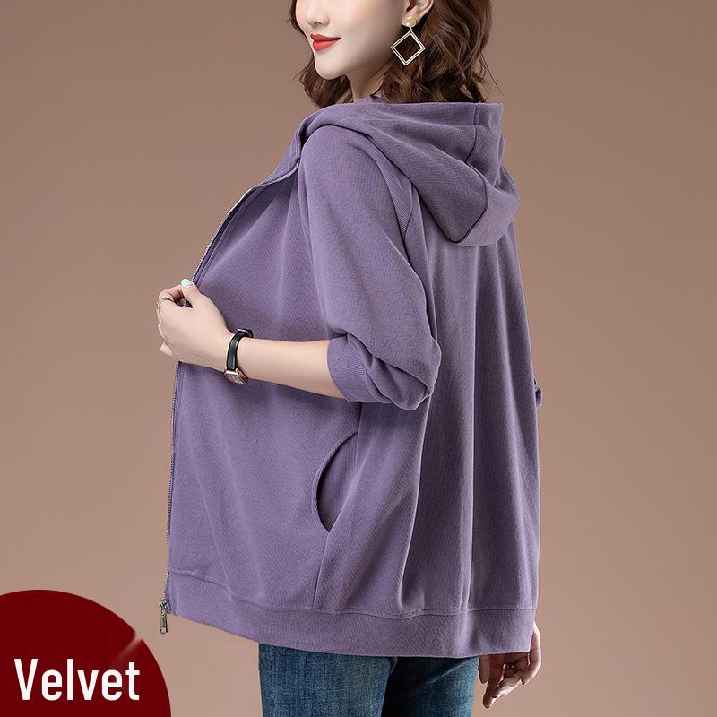 Women's Plus Size Hooded Sweatshirt - Spring/Autumn Medium-Aged Mother Loose Zipper Top with Velvet Lining