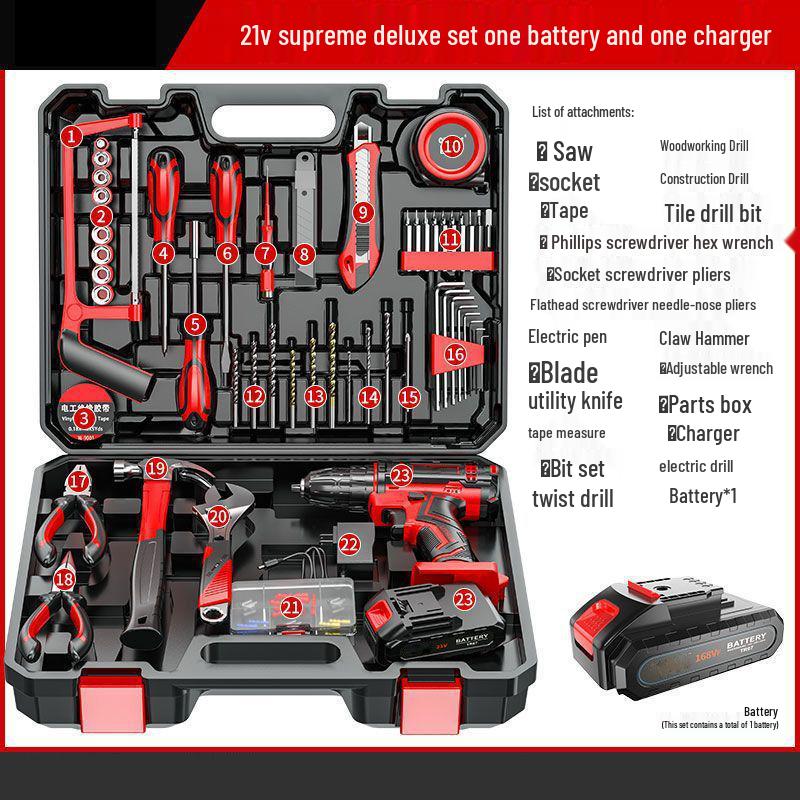 Cordless Lithium Battery Drill Hand Tool Set for Electricians & Carpenters - Multifunctional Repair Kit with Tool Box