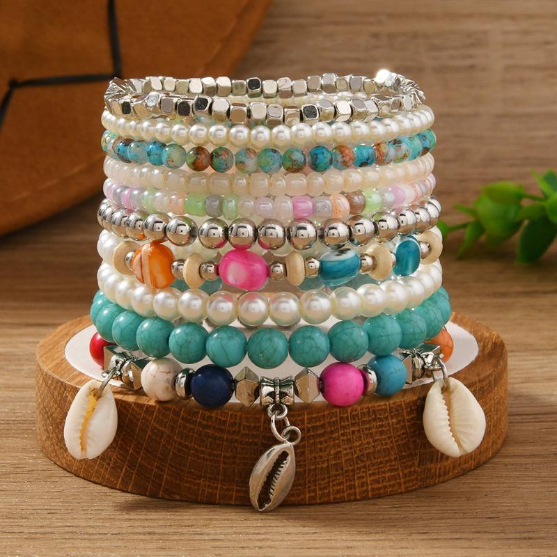10-Pack Holiday Style Design Bohemian Rice Bead Bracelet Stacked Bracelet Set