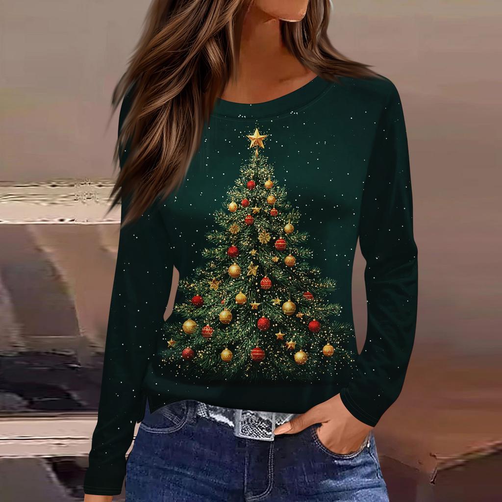 Women's Fashion Casual Slit Hem Round Neck Long Sleeve Loose Christmas Printed T-Shirt Ladies Top
