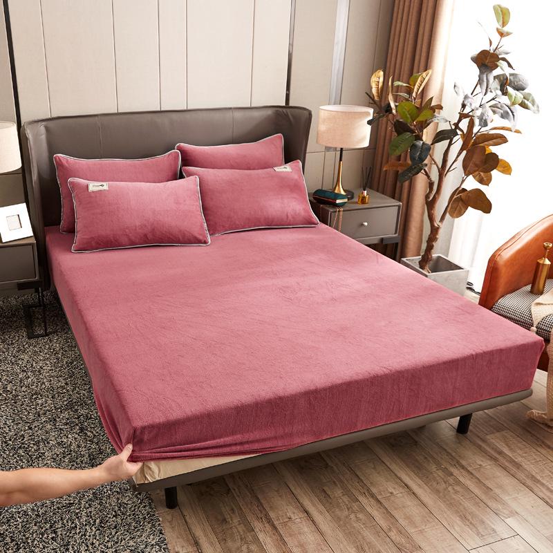 Solid Color Crystal Velvet Fitted Sheet Set - Single Piece Bed Sheet with Mattress Protector