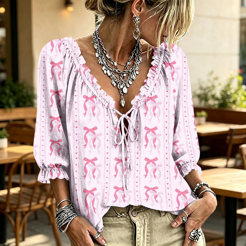 Women's V-Neck Ruffle Blouse with Tie and Print Design