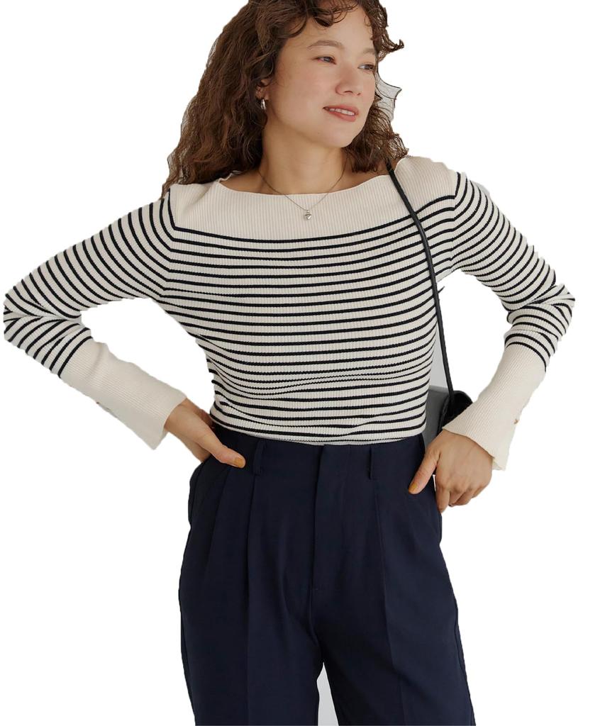 Titibait Boat Neck Knit with Gold Size White Buttons, Women's, S, (AYXP3048)