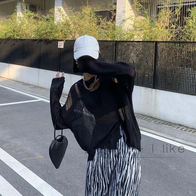 Y2K Schwarz Eis Seide Hohl Dünnen Pullover Damen Langarm Sonnenschutz Top Neue Sexy Lose Kintwear Ripped Bluse Punk stil Pullover