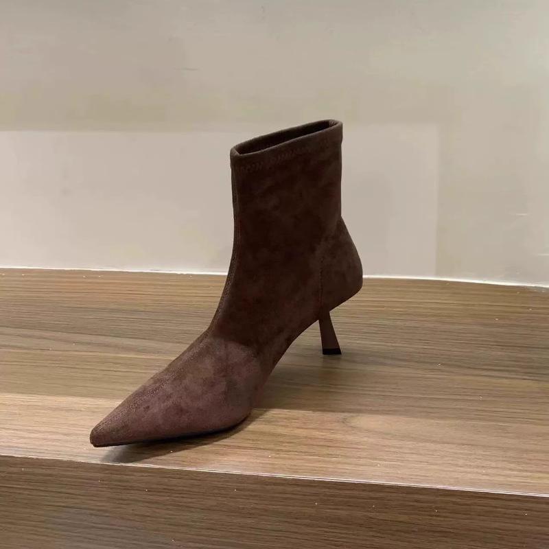 Korean small naked boots 2025 autumn and winter new single boots high heel pointed suede khaki thin boots short boots women's shoes