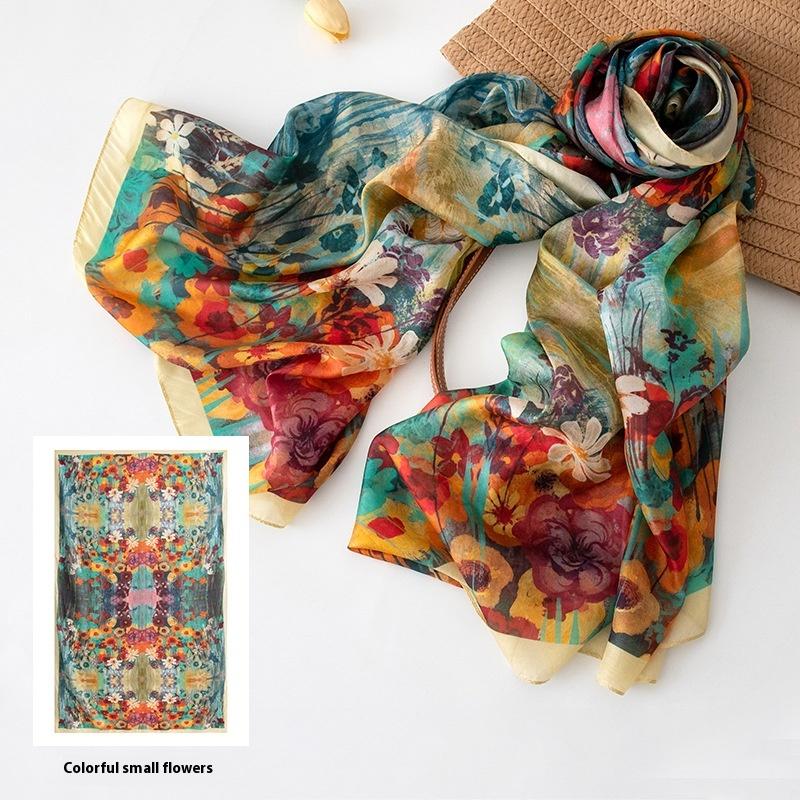 Spring  100% mulberry silk scarf women's thin shawl silk oil painting retro plain crepe satin premium long scarf