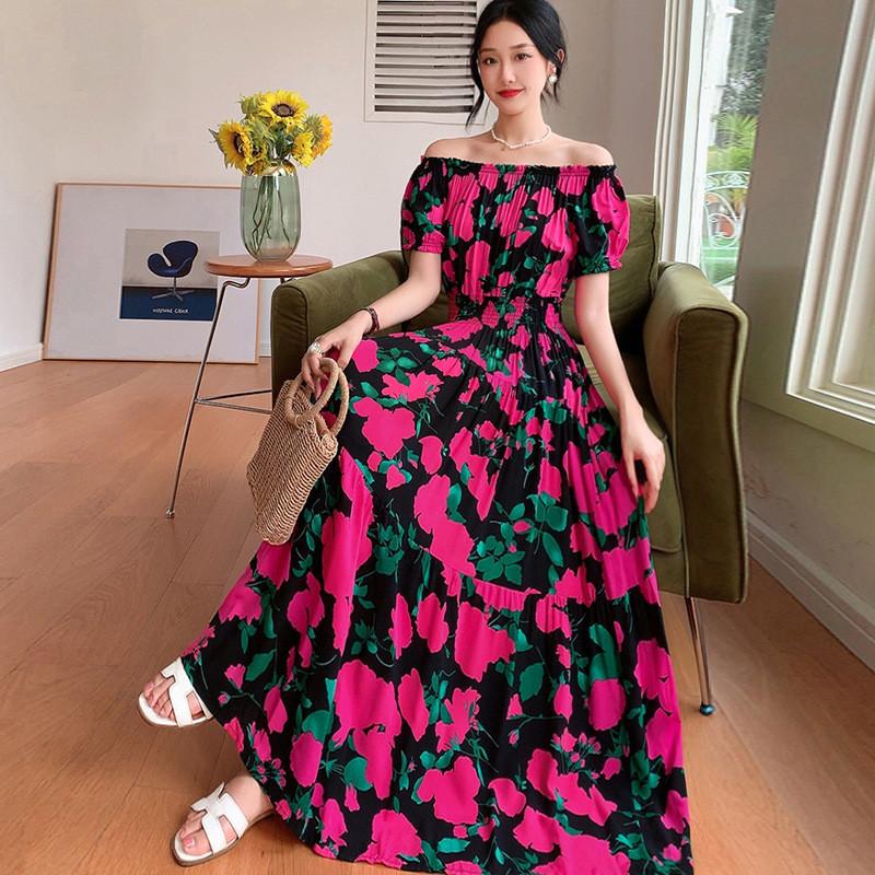 Bohemian Maxi Dress With Elastic Waist For Summer Beach Vacation And Artful Style