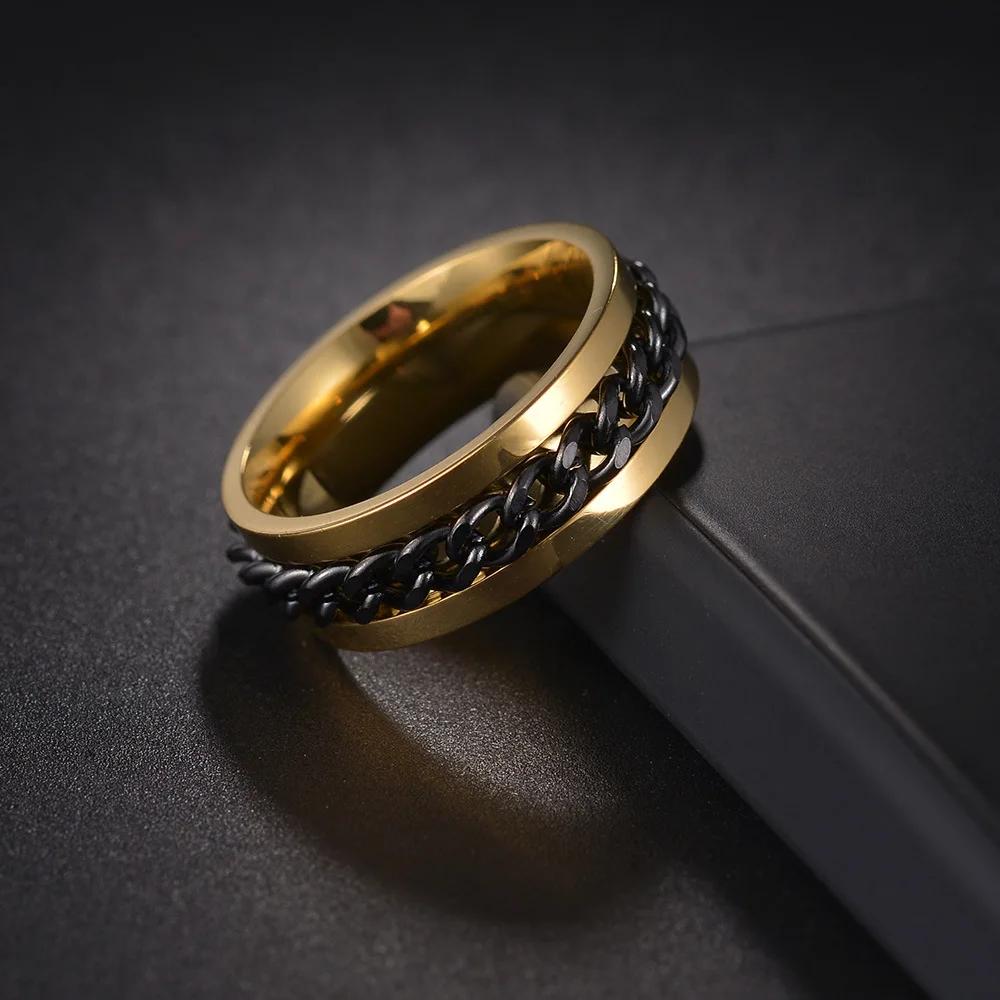 

Gold Color Titanium Stainless Steel Rotating Chain Spinner Ring Punk Rock Gift for Men Women Anxiety Fidget Finger Ring 14&No Engrave чорний