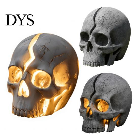 Broken Rebirth Sculpture Cracked Skull Garden Solar Light, Resin LED Statue Spooky Gothic Ornament Ornament, Halloween Decoration for Haunted
