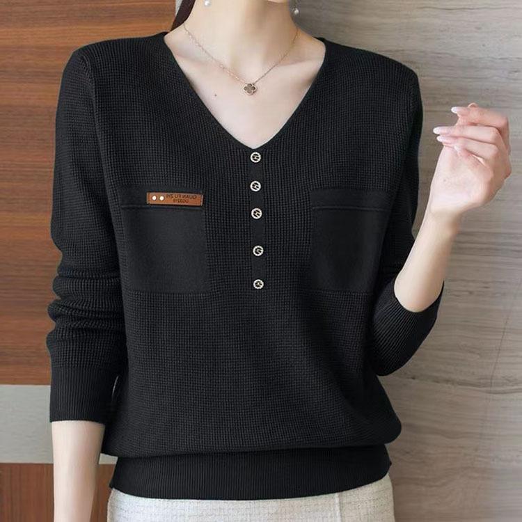 Gestrickter Basic-Pullover für Damen V-Ausschnitt Knopfleiste Langarm Fake-Taschen Pullover Top