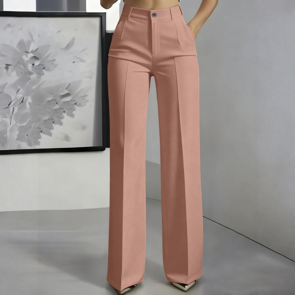 High Waist Wide Leg Hose für Damen Klassische Gerade geschnittene Business Casual Hose mit Taschen und Knopfleiste