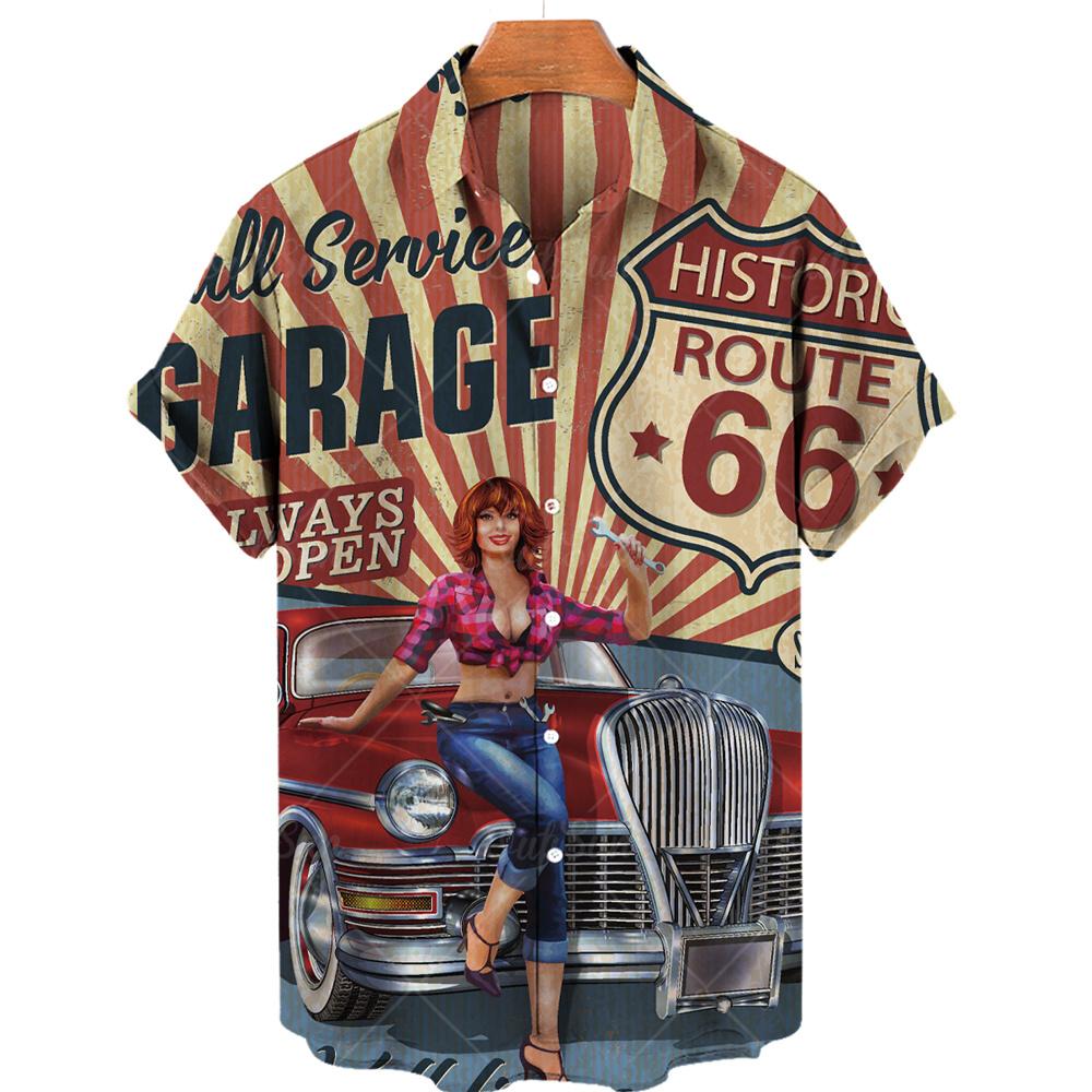 Camicia Nuova da Uomo Hawaiana Route 66 Street Classic Stampa 3D Manica Corta T-shirt Musica Rock Collo Revers Taglia Larga Uomo Top Vestiti Vintage