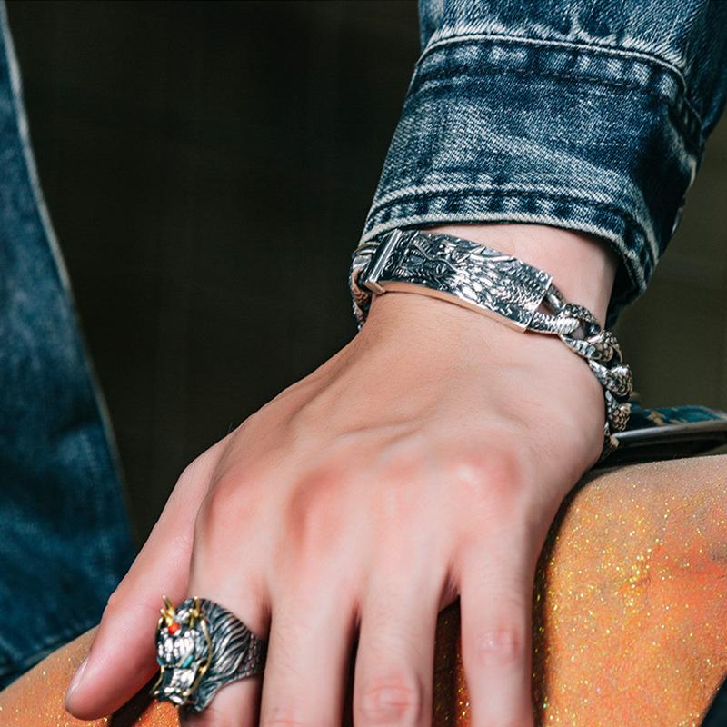 Pulseira Masculina Dominadora Personalizada Feita à Mão Joias Pulseira Retrô de Dragão