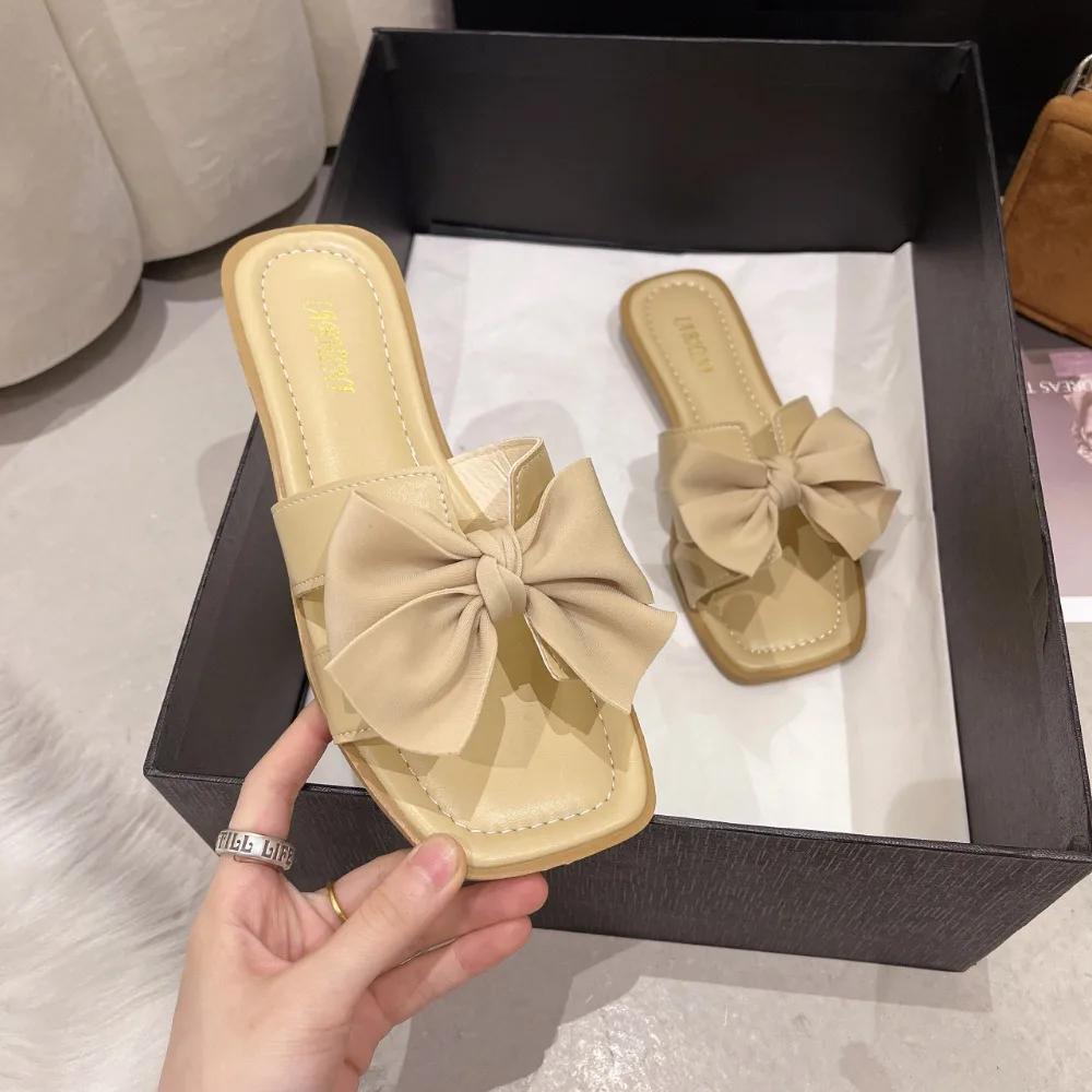 Women's Summer New Style Casual Flat Shoes for Outdoor Wear, Fashionable and Versatile Butterfly Bow French One-piece Slippers