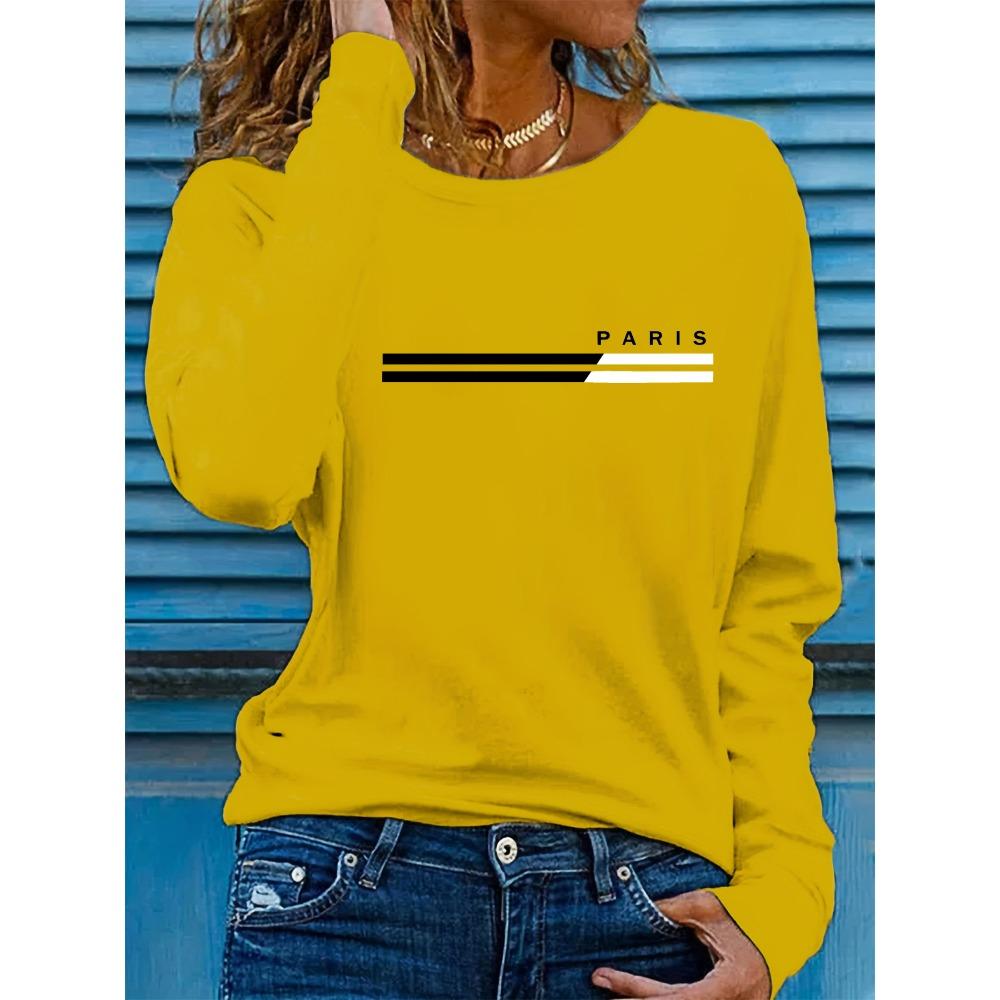 

Women s Spring and Autumn Comfortable Casual Fashion Long Sleeve Paris Letter Printed Round Neck T-shirt 5XL